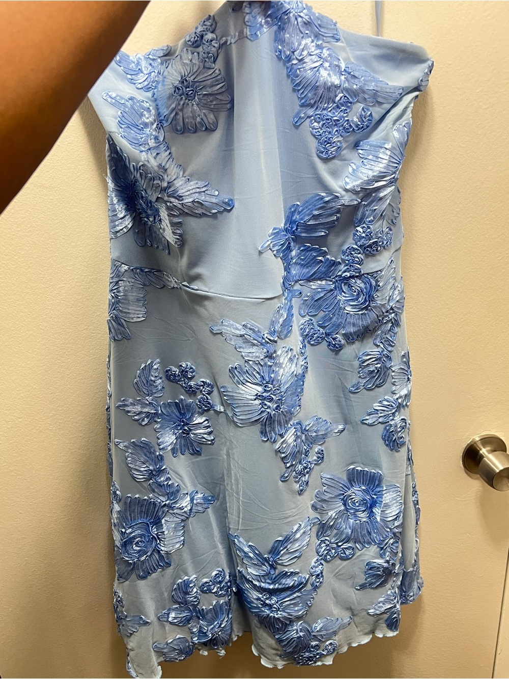 Strapless Light Blue Floral Appliqué Mini Dress - Picture 5 of 15